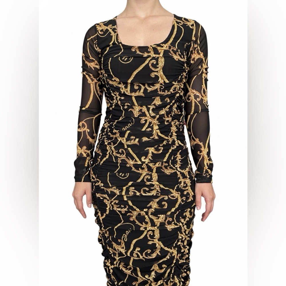Ganni Baroque-Print Black Mesh Ruched Midi Long-Sleeved Dress Size 6